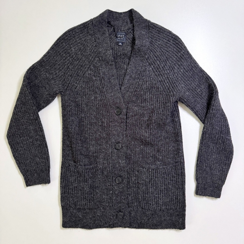 Gap Longline Cardigan XS Charcoal Gray Ribbed Knit Button Up Pockets Wool Mix